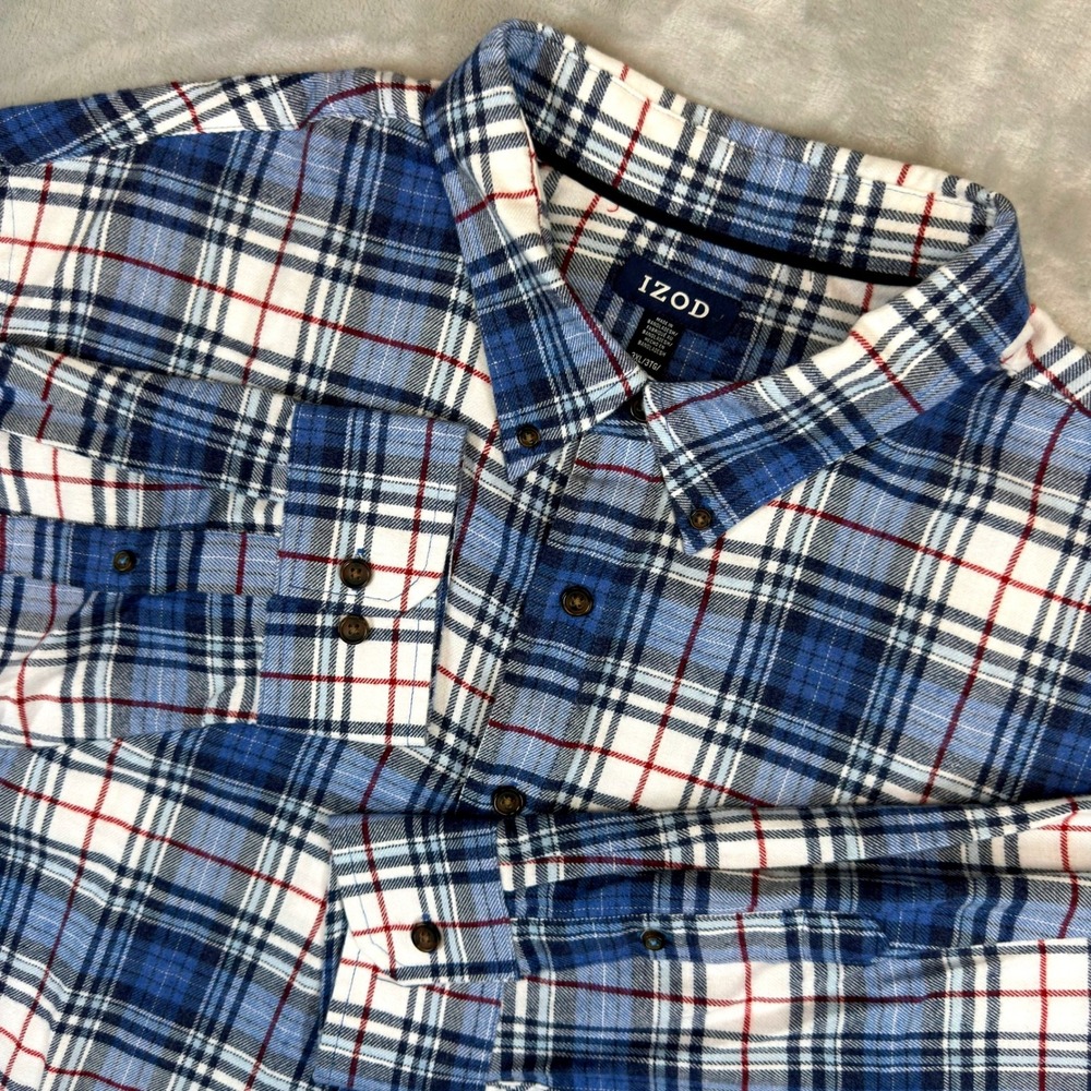 IZOD Button Down Shirt Mens 3XL Blue Plaid Flannel Long Sleeve 46IZFGB5GX-420